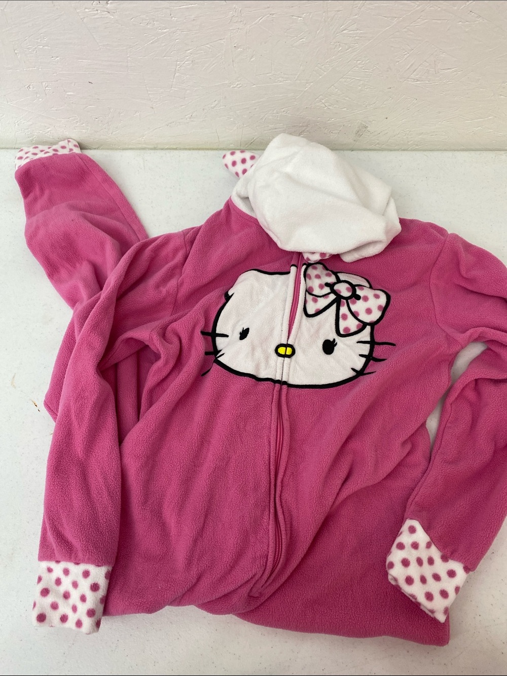 Hello Kitty Hot Pink Hooded Fleece Jumpsuit with White Accents womens small
